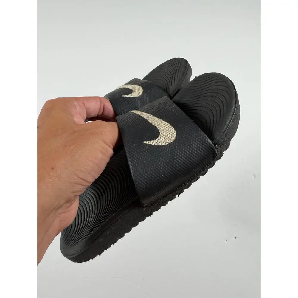 Nike Kawa Slide Black White Swoosh Slip On Sandals Kids Size 12